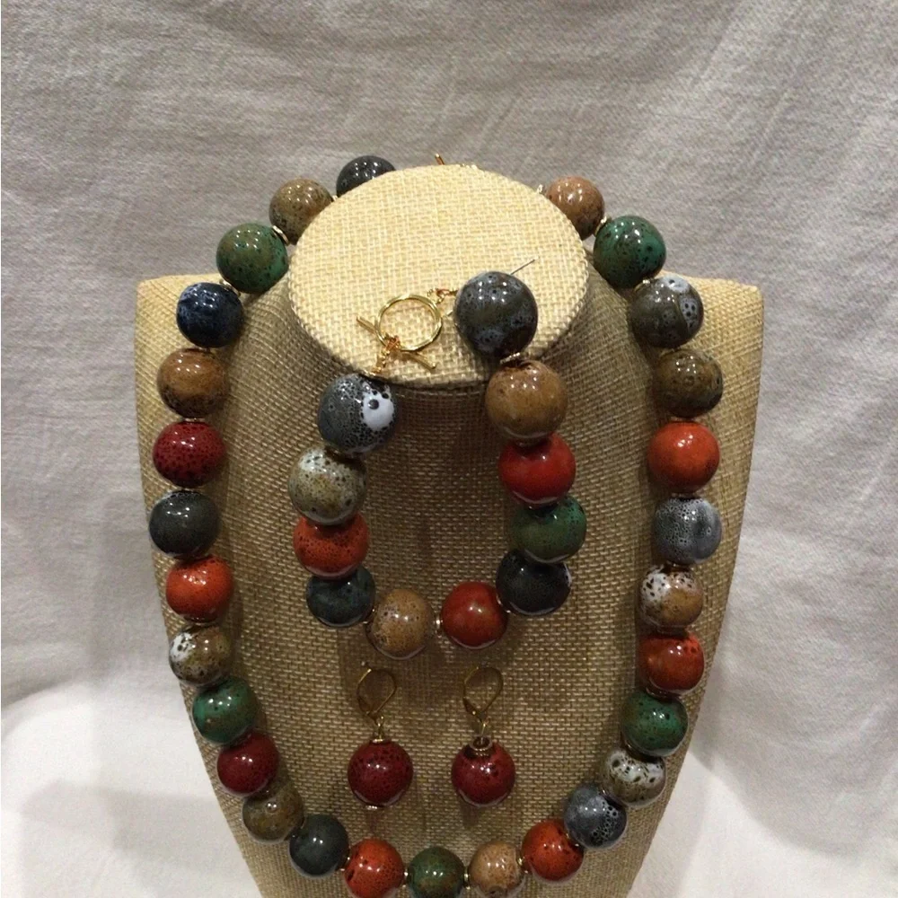 Tribal Earth Toned Colorful Beaded Necklace, Bracelet, and Earring Set
